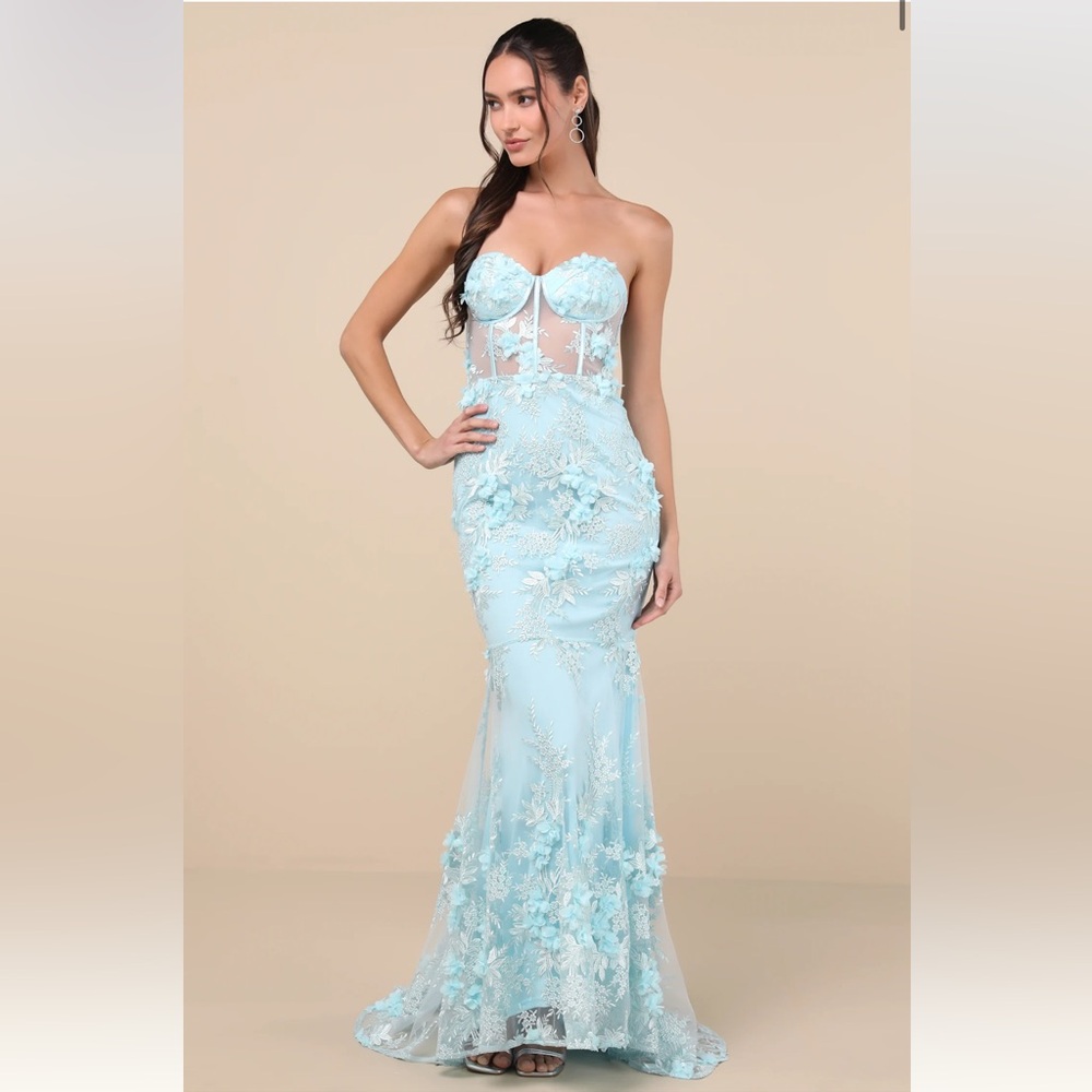 Lulus Radiant Expectations Blue Embroidered Floral Bustier Maxi Dress